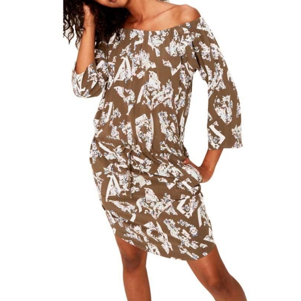 Lolë Jamie Dress Size Medium Abstract Print Off the Shoulder Cinched Drawstring